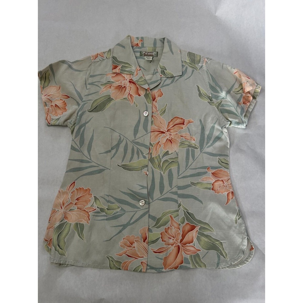 Tommy Bahama Shirt Womens Green Short Sleeve Floral Boho Hawaiian Silk Linen